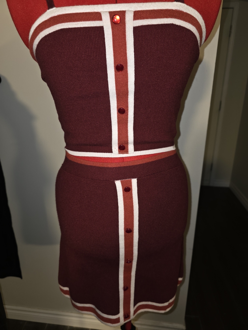 Freshman Red and White Striped Button-Front Crop Tank And Skirt Outfit - Picture 2 of 5